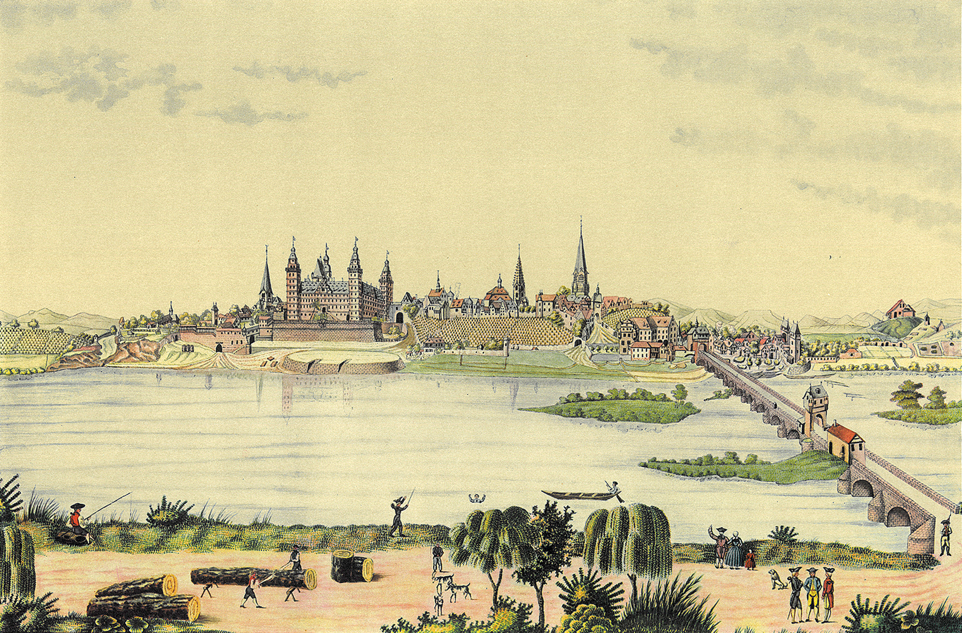 © Schloss und Stadt Aschaffenburg mit Mainbrücke vom jenseitigen Ufer aus, Aquarell, um 1750. Sammlung Nanna Ruths Aschaffenburg, Stadt- und Stiftsarchiv Aschaffenburg